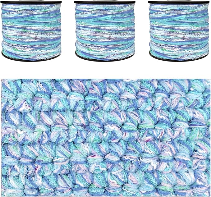 Hand-Blended Multifiber Multicolored Fancy Yarn with Subtle Shimmering Threads for Knitting Crocheting Crafts DIY, Set of 3 Rolls (Mint Blue)