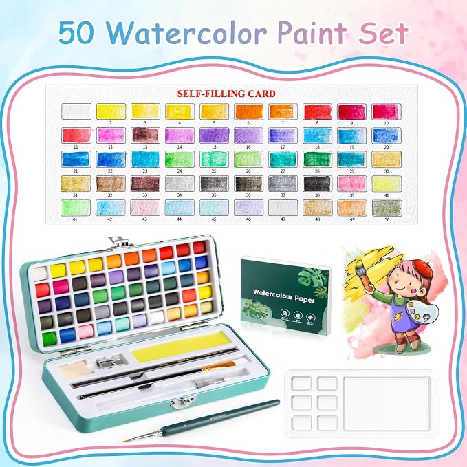 Prudiut Watercolor Paint Set, 50 Colors with Paper, Brushes & Palette | Highly Pigmented Colors, Portable Box, Beginner Friendly, For Sketching, Calligraphy & Travel Art