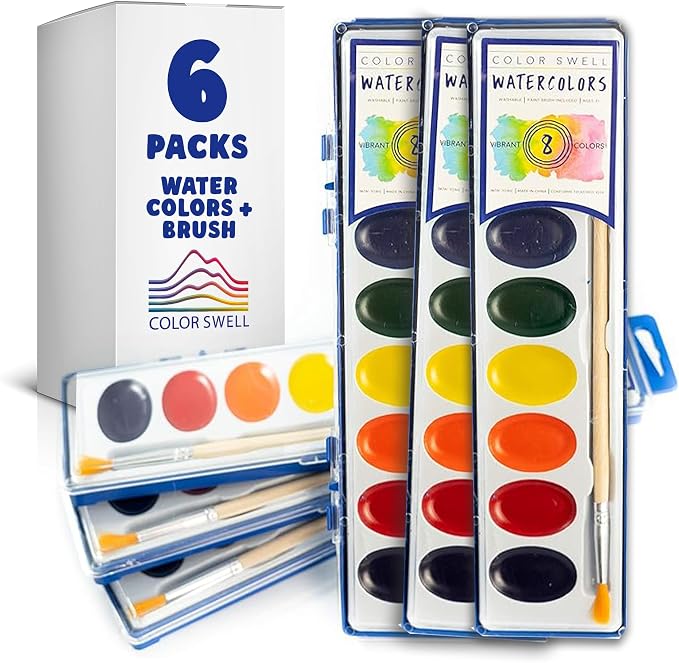 Color Swell 8 Color Bulk Watercolors with Wood Brushes, 6 Pack