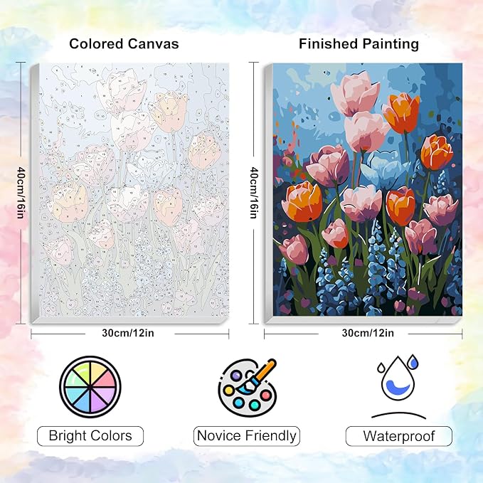 Yezavesu Flowers Framed Paint by Numbers Kit for Adults Beginner | With Frame Canvas 12x16 Inch, DIY Acrylic Painting by Numbers Colorful Flower, Stress Relief Craft Kits, Home Wall Decor Gift