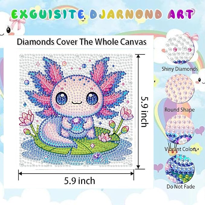 cviokrdu 4 PCS Diamond Art Kits for Kids, Animals Diamond Art for Kids Ages 4 8 12, Cute Turtles Cats Dogs Axolotl Gem Art Kit Crafts Beginners for Gift Home Wall Decor (6x6inch)