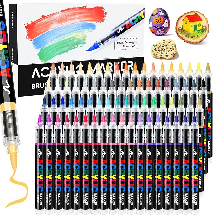 72 Colors Acrylic Paint Markers, Colored Paint Pens Brush Tip with Direct-Liquid Ink Control System, Water-Based Coloring Markers Set for Pumpkin Decorating Kit, Rock, Fabric, Wood, Wood, Art Supplies