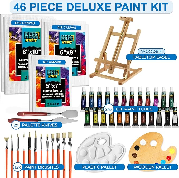 KEFF Oil Paint Set for Adults and Kids - Art Supplies Painting Kits with 24 Oil Paints, Stretched Canvas, Art Easel, Brushes, Palette, Knives and Paper Pad