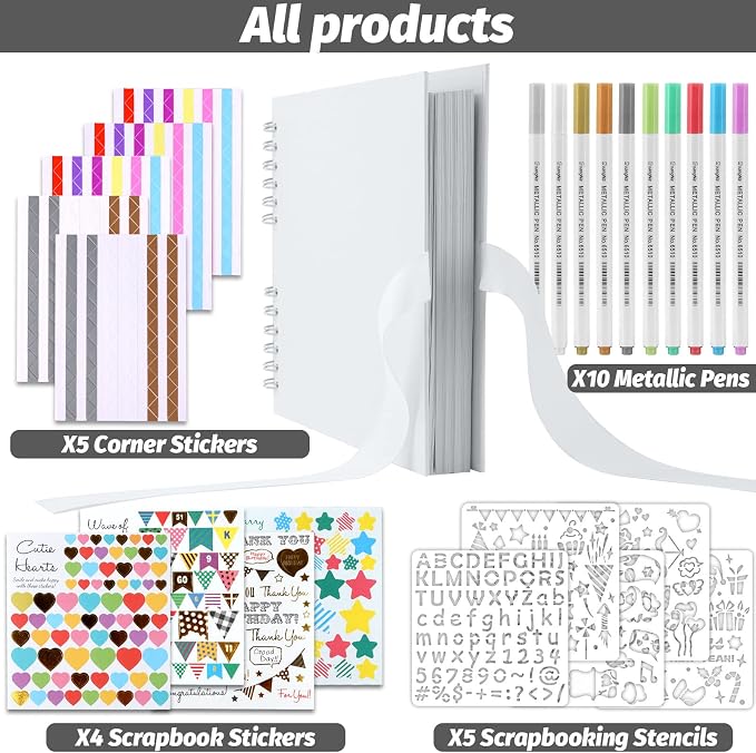 Gotideal 80 Pages Scrapbook Album with 10 Metallic Markers, White | Craft Paper Photo Album for Wedding and Anniversary, Family DIY Scrapbook Accessories with Scrapbooking Stickers Corners