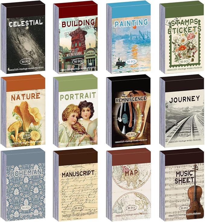 12 Sets 600 Sheets Washi Stickers for Journaling, Map Nature Celestial Portrait Boho Stickers Vintage Aesthetic Scrapbook Sticker Set for Bullet Journal Art Diary Card Craft Gifts Planner Notebook