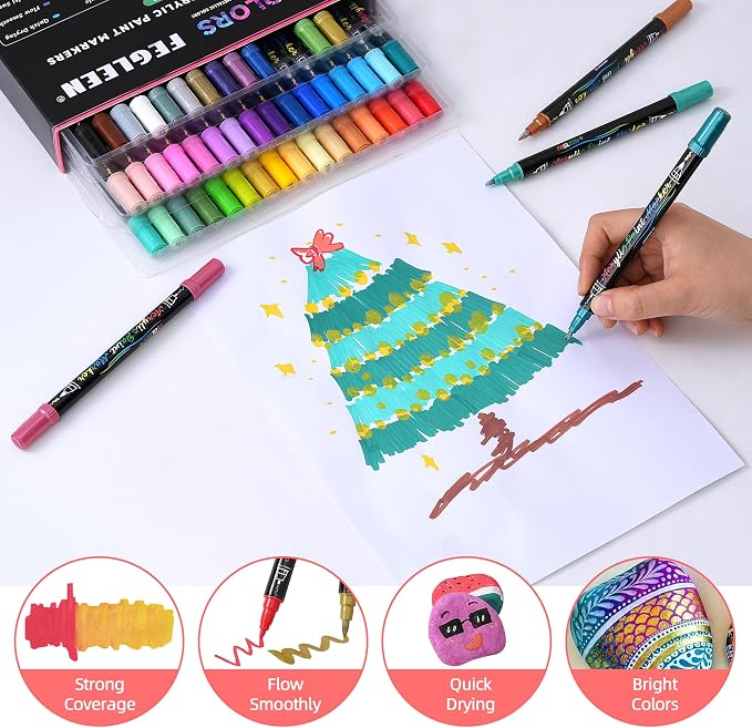 48 Colors Acrylic Paint Markers,Dual Tip Acrylic Markers with Fine Tip and Brush Tip Contain 12 Metallic Colors for Rock Painting,Egg,Wood,Glass,Canvas,Fabric,Ceramic,Crafts,Art Supplies