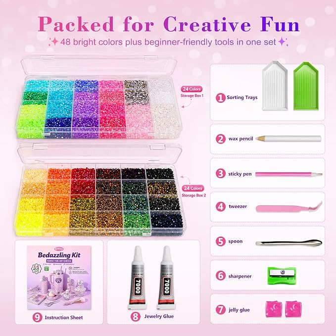 Redtwo 60,000 Pcs 48 Colors Resin Jelly Rhinestones for Bedazzling Kit | 3mm Flatback Rhinestones for Crafting, Bedazzler Kit with 2 x 50ml Glue and Tools, Bedazzling Gems for Clothes, Books & Shoes