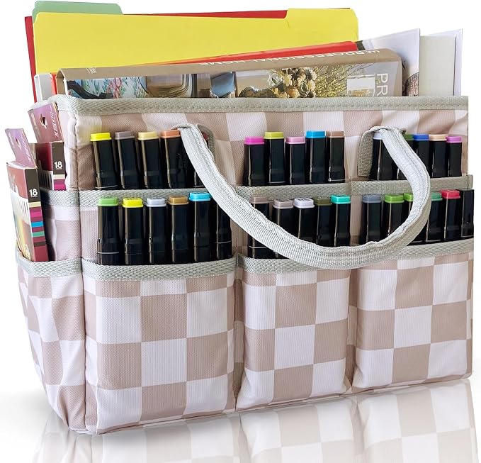 Cupohus Art Organizer Craft Storage Tote Bag with Handles Checkered