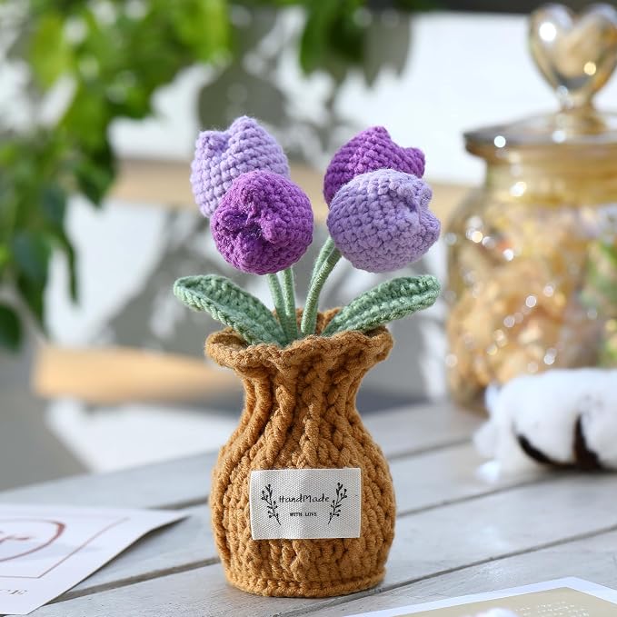 Tulip Crochet Flower Potted Plant Handmade Desk Decor Gift