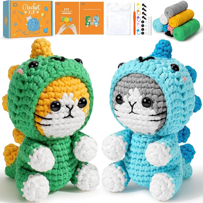 Fortuning's JDS Crochet Kit for Beginners, 2 Pack Dinosaur Cat Crochet Kit