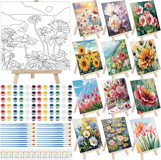 Tenceur 12 Sets Pre Drawn Canvas to Paint Adult Stretched Coloring Painting Canvas Panels with Design Easel and Brushes for Party Supplies Beginner Favor(Flower)
