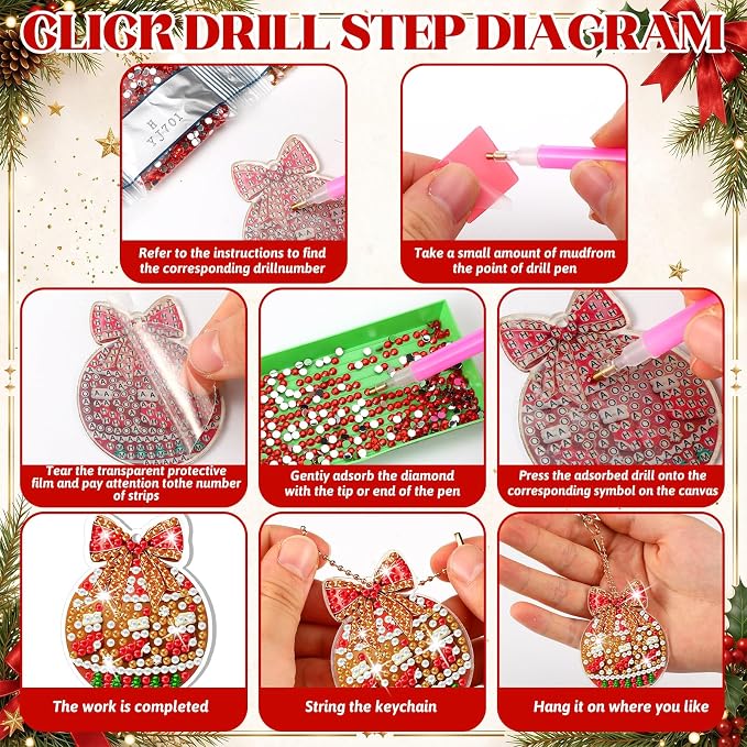 Tondiamo 20 Pcs Christmas Gingerbread Ball Diamond Painting Keychains Kit, Xmas Bauble Ornaments DIY Diamond Art Key Pendant Set for Xmas Tree Decor Party Favors Gift