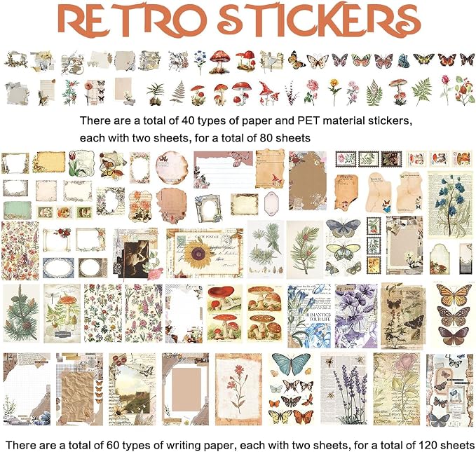 Retro Scrapbook Supplies Kit, 200 Mixed Natural Color Paper and Stickers