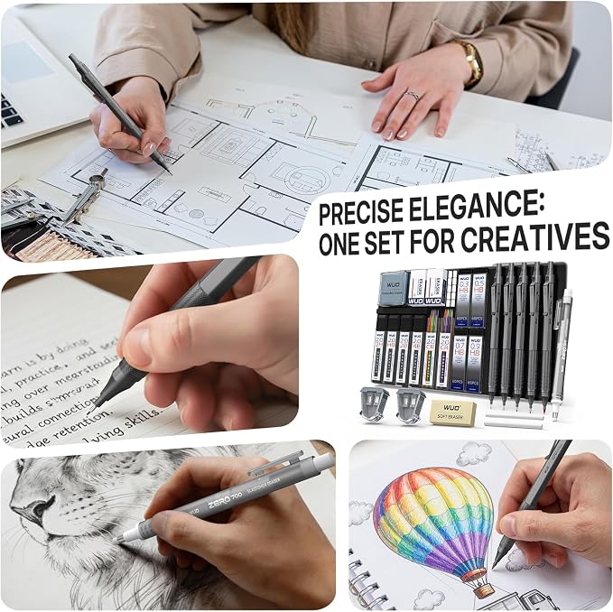 WUO Mechanical Pencil Set, 5 Pack Drafting Pencils 0.3/0.5/0.7/0.9/2.0mm