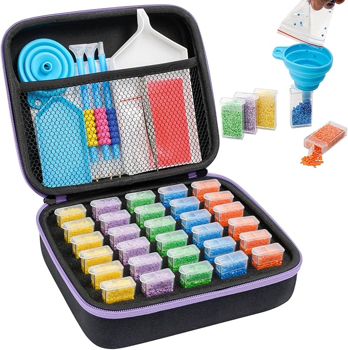 MoeeBtee Diamond Painting Storage Containers, 30 Slots Diamond Painting Accessories and Tools, Diamond Painting Organizer, Diamond Art Storage Case Jewelry Beads Storage Case - Purple