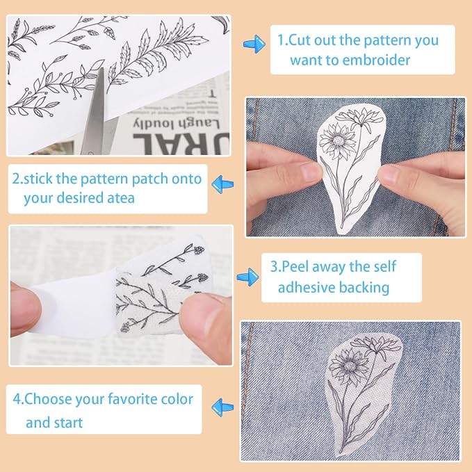 Patemby Embroidery Pattern Water Soluble Embroidery Stabilizers, Stick and Stitch Embroidery Paper Wash Away with Pre-Printed Pattern Designs Stencils Transfers for Hand Sewing Lover Beginner