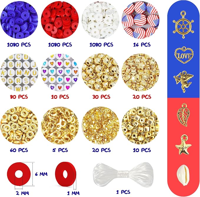 Redtwo 4th of July Red White and Blue Clay Beads Bracelet Making Kit | with Letter Beads, Patriotic Beads for Jewelry Making for Independence Veterans Day Party Favors, DIY Gifts with America Flag