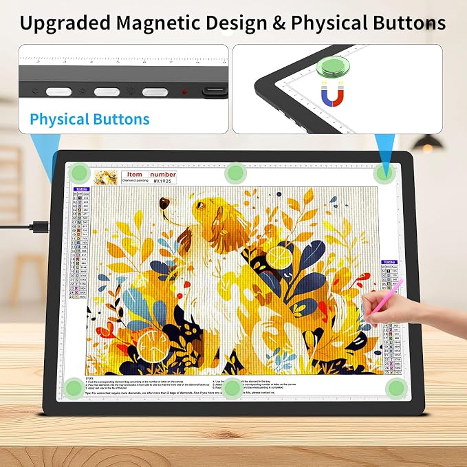 TOHETO A2 Light Pad 25.2''x18.4'', Large Magnetic LED Light Board for Diamond Painting, 3-Color Modes Light Box for Tracing, 6-Level & Stepless Dimmerable Diamond Art Light Table for Drawing,Sketching