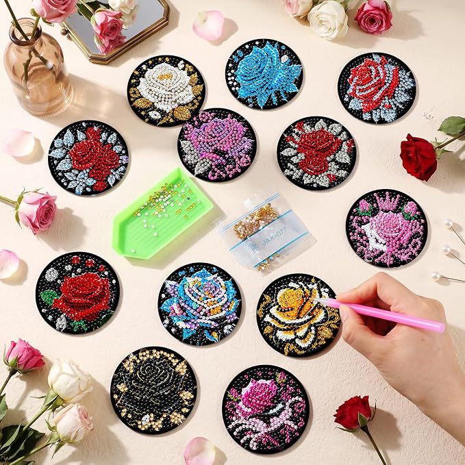 Zonon 12 Pcs Rose Flower Diamond Art Magnets, Flowers Fridge Magnets Adults | Diamond Painting Stickers, Sparkling Rose Designs, Easy to Apply on Refrigerator for Home Kitchen Decor