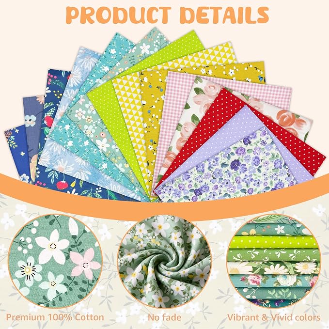 Aubliss 50pcs 100% Cotton Fabric Bundle 8" x 8" PreCut Fat Squares Sheets