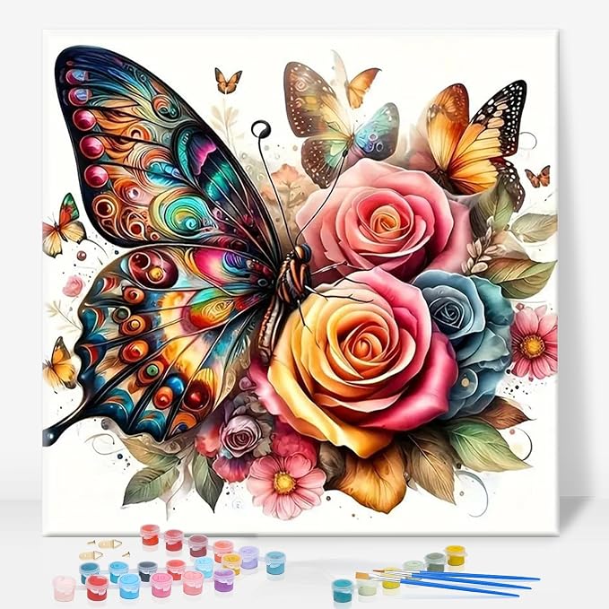 Framed Paint by Numbers Kit for Adults, Butterfly & Roses, 10 x 10 Inch | DIY Adult Paint by Number Kit for Beginners, Floral Wall Decor, Stress Relief Craft Gift, Creative Hobby