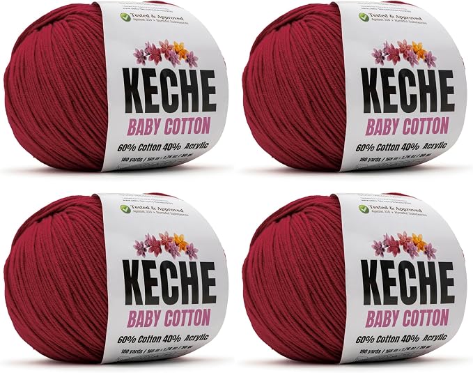Keche Baby Cotton, 60% Cotton 40% Acrylic Yarn, Soft Cotton Yarn for Crochet and Knitting, Amigurumi Yarn 4 Skeins/Balls [1.76 Oz (50g) / 180 Yrds (165m)] x 4 - Crimson Red