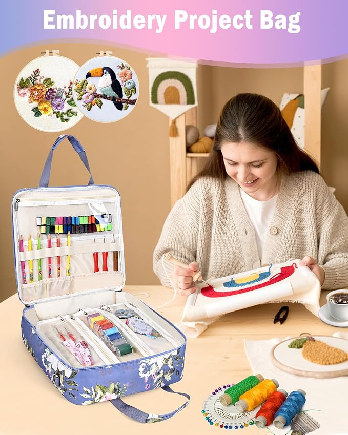 Telawsfun Embroidery Project Bag Organizer, Embroidery Supply Storage Bag with Removable Binder, Portable Carrying Tote for Thread Tools and Accessoriess, Bag Only (Flower)