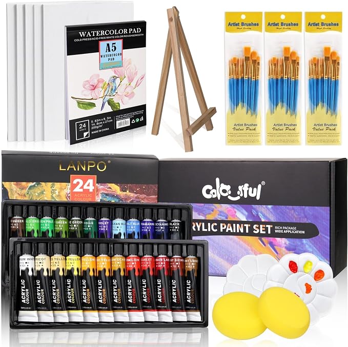 Colorful Acrylic Painting Kit, 24 Colors Paint Set with Brushes & Easel | Smooth blending, versatile art supplies for canvas painting, crafts, home project &creative gifts for beginners &artists