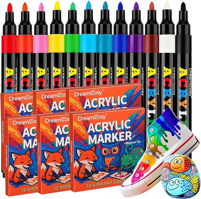 Acrylic Paint Markers Bulk, 72 Pack 12 Colors Medium Tip for Teacher School