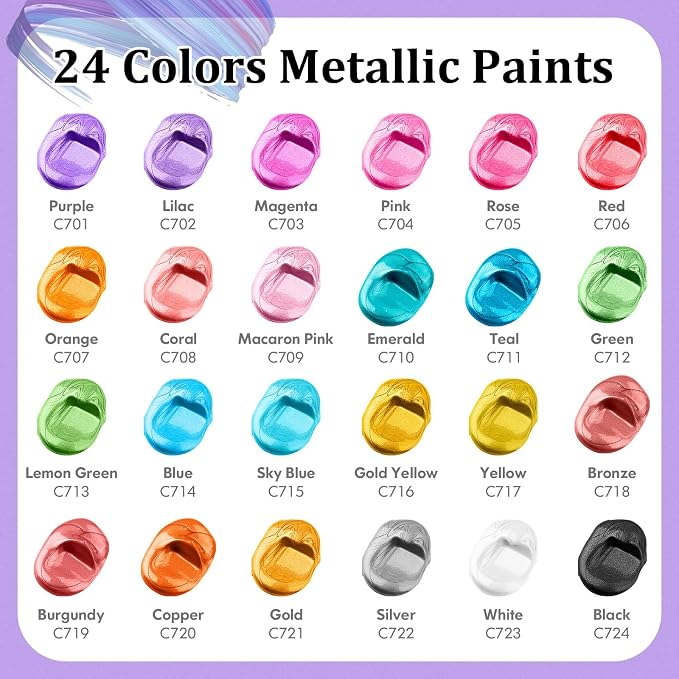 Caliart 24 Colors Acrylic Metallic Paint Set with 12 Brushes | Craft Painting kit for Adults Artists Beginners, Rich Pigment Non-toxic, Canvas Wood Rock Pumpkin Ceramic Art Supplies Paint