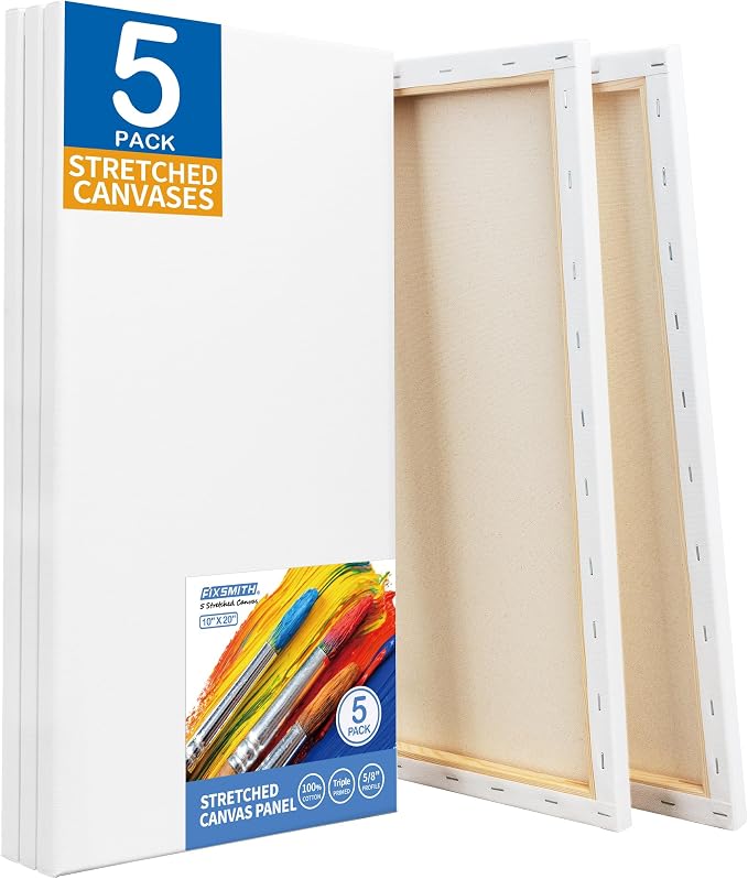 FIXSMITH Stretched White Blank Canvas - 10x20 Inch, 5 Pack,Primed Large Canvas,100% Cotton,5/8 Inch Profile of Super Value Pack for Acrylics,Oils & Other Painting Media