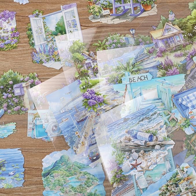 20 Sheets PET Beach Scrapbook Stickers 150 Pre-Cut Summer Stickers for Scrapbooking Transparent Sticker for journaling Junk journaling Supplies