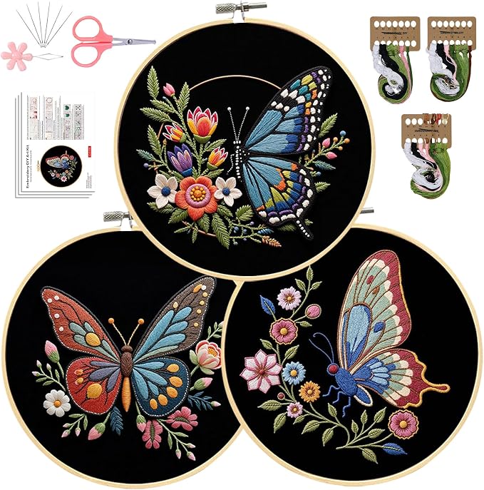 Santune Embroidery Kit Needlepoint Cross Stitch Kits for Beginners Adult Needle Point Sets with Butterfly Embroidery Patterns, Includes Step-By-Step Instructions and Accessories
