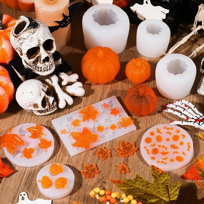 7 Pcs Pumpkin Candle Molds, Halloween Silicone Mold | DIY Craft Making Decoration Supplies, Thanksgiving Maple Molds and Ghost Mold