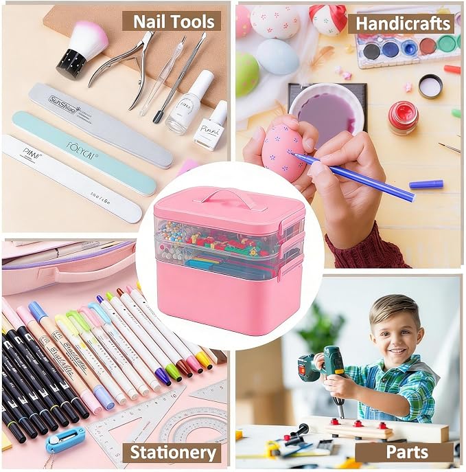 Gifhomfix 3-Layer Plastic Craft Organizers and Storage Box with Removable Trays, Storage Containers with lids and Handle, Art Supply Storage Organizer for Bead, Ornament, Nail Polish, Tape（Pink）