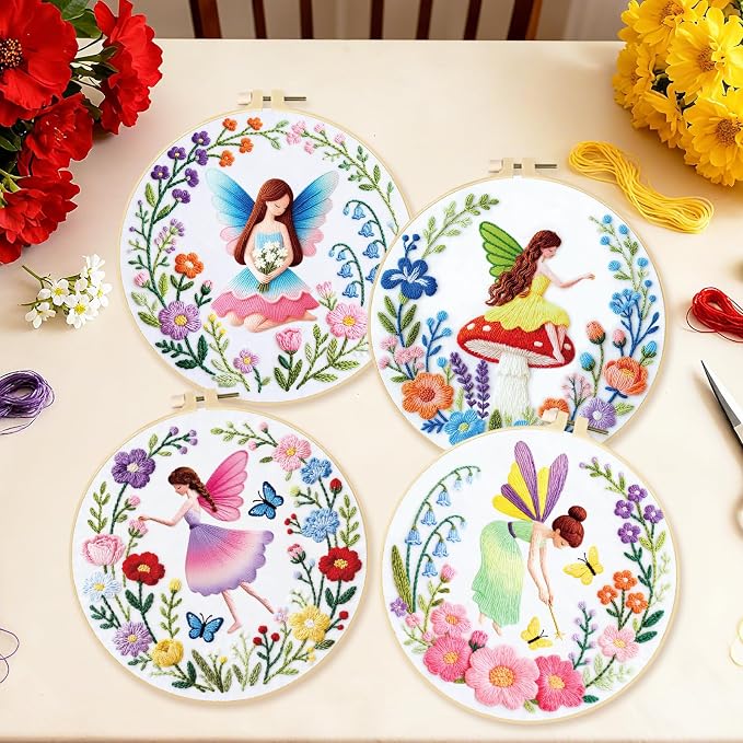BEUNITONE 4 Set Fairy Patterns Embroidery Kit for Beginners 7.9"x7.9" DIY Complete Needlepoint Kits for Adults, Cross Stitch Starter Kit with Hoops and Instructions, Handmade Gifts for Home Decor