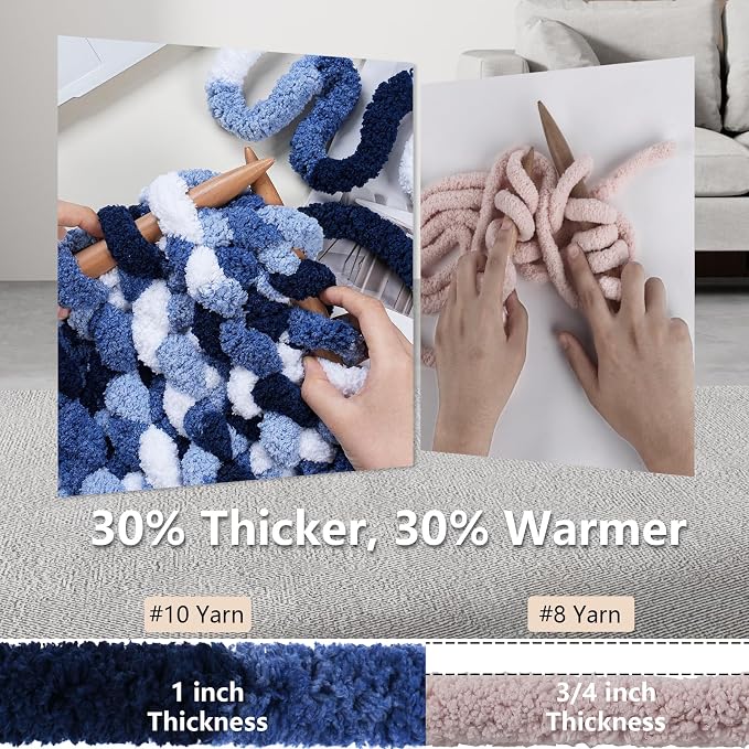 Cozyful Chunky Yarn for Hand Knitting - #10 Chunky Chenille Blanket Yarn, Jumbo Big Thick Chunky Yarns for Crocheting, Tie Dye Bulky Knit Yarns, 8 Skein (20 yds 8 oz Each Skein), Multi Blue & White