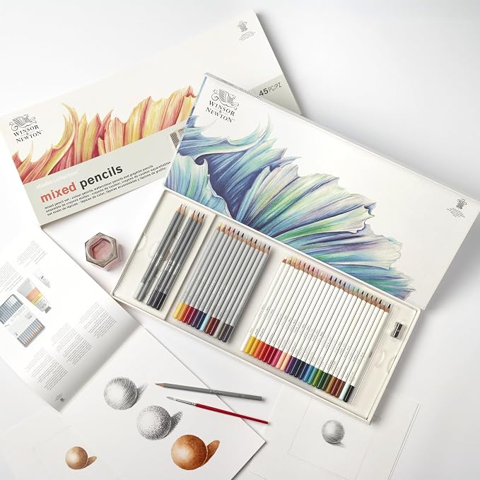 Winsor & Newton Studio Collection, Mixed Pencil Box Set, 45 piece | 24 Watercolor Pencils, 12 Color Pencils & 6 Graphite Pencils; Includes Watercolour Brush, Sharpener & Paper Pad