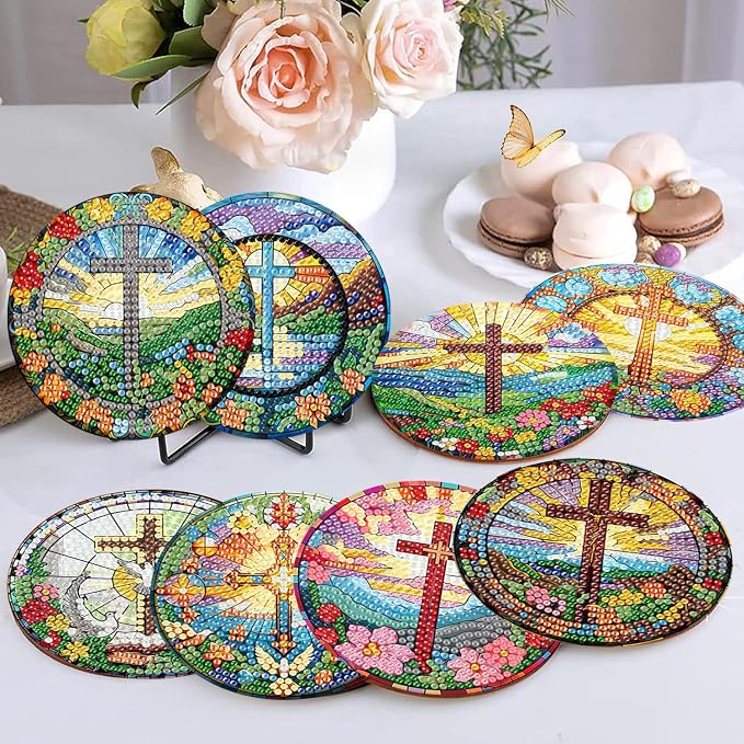 mrpwnle 8 Pack Diamond Art Coasters Kits - Cross Diamond Painting Coasters