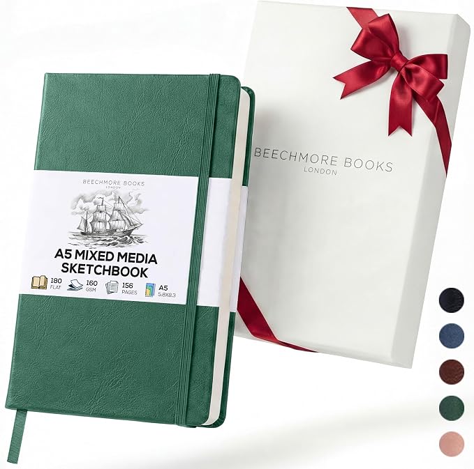 BEECHMORE BOOKS A5 5.8x8.3 Mixed Media Sketchbook 160 GSM/98LB, Gift Box | Hardcover Art Journal with Lay-Flat Binding, 156 Perforated Ivory Pages, Portable Size for Drawing, Ink & Light Watercolor