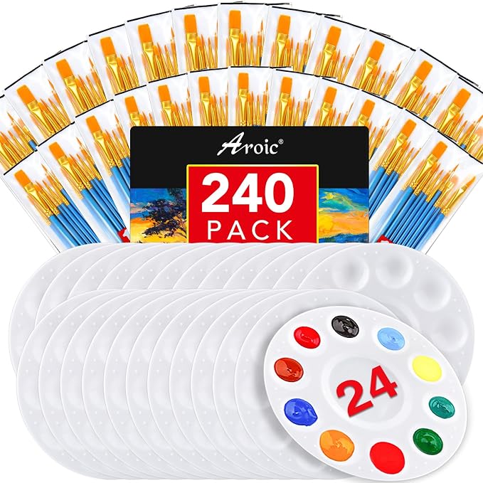AROIC Paint Brush Palette Set,24 Pack/240Pcs Brushes and 24 Tray Palettes