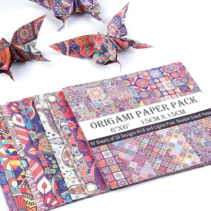 Origami Paper 50 Sheets, 6-Inch Square Double Sided Colored Craft Paper | 70GSM colorful paper,50 Vivid Pattern Origami Kit,DIY Hand Crafts,Arts Creativity,Easy to Fold,No-Fading.Ethnic Style
