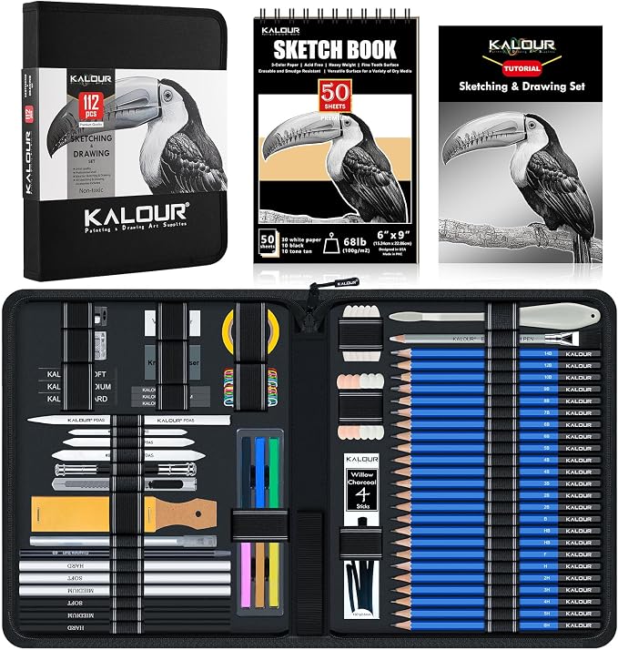 KALOUR PDAS 112 Drawing Set Sketch Kit, Pro Art Supplies with 3-Color Sketchbook, Graphite, Charcoal Pencils, Art Drawing Kit for Artists Adults Teens Beginners, Ideal for Shading & Blending
