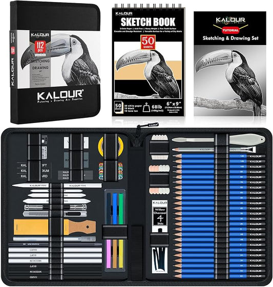 KALOUR PDAS 112 Drawing Set Sketch Kit, Pro Art Supplies with 3-Color Sketchbook, Graphite, Charcoal Pencils, Art Drawing Kit for Artists Adults Teens Beginners, Ideal for Shading & Blending