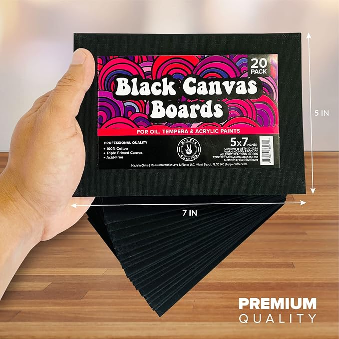 Black Canvas Panels for Painting, 20 Pack, 5x7 Inch Gesso-Primed Boards for Oil, Acrylic & Watercolor, Blank Art Canvas for Artists