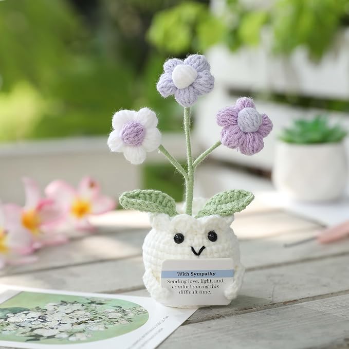 Crochet Sympathy Gifts for Loss of Loved One – Send Sympathy Crochet Puff Flower Potted Plant with Comfort Card – Bereavement, Grief Support Gift Idea for Grandpa Grandma Mom Dad Women Friends