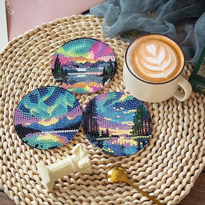askkqtx 8 Pcs Aurora Diamond Art Coasters Kits with Holder 4X4 Inch