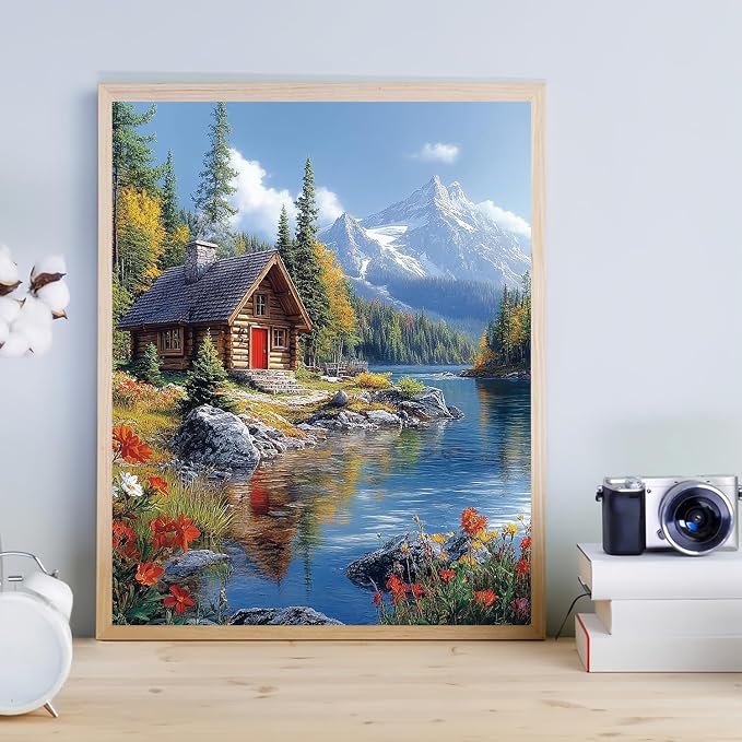 Paint by Numbers Kit for Adults, Landscape Mountain Paint by Numbers Kits | Lakeside Cabin Adult Paint by Number Kits on Canvas,DIY Acrylic Oil Easy Mountain Painting by Numbers for Home Decor 16X20 in
