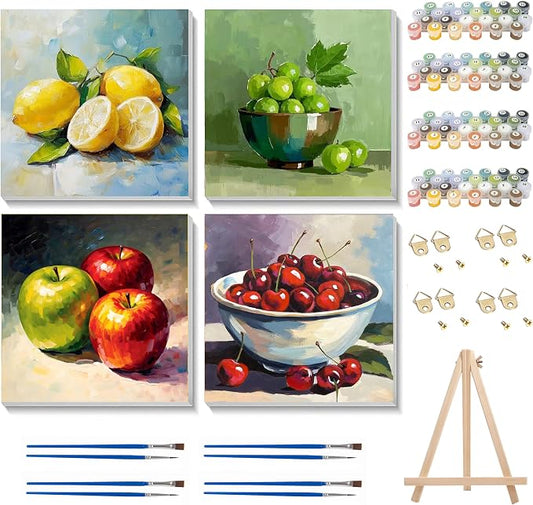 Ycydilirab 4 Pack Fruit Paint by Numbers Kit for Adults with Framed Wooden Easel - Fruit Adult Paint by Number,Paint by Number Canvas for Adults Gifts Home Wall Decor 8×8 inch