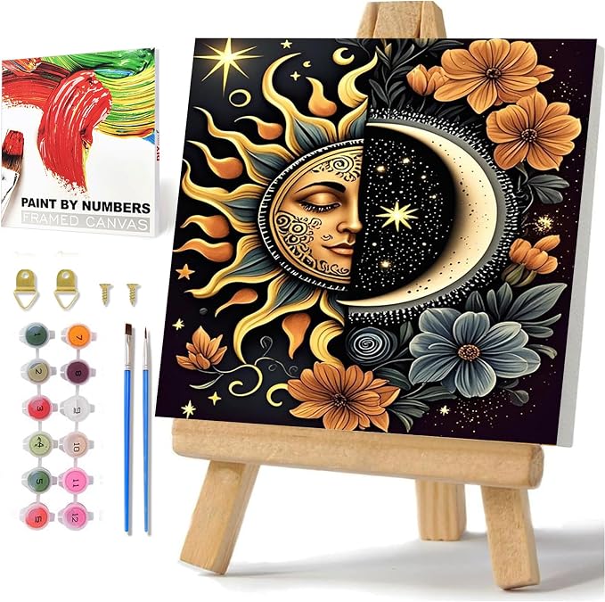 Moon Paint by Numbers Kit for Adults Beginner, Sun Paint by Numbers 10x10 | Framed Paint by Numbers Kit for Adults Beginner with Easel, Acrylic Painting by Numbers, DIY Crafts for Gifts or Home Decor